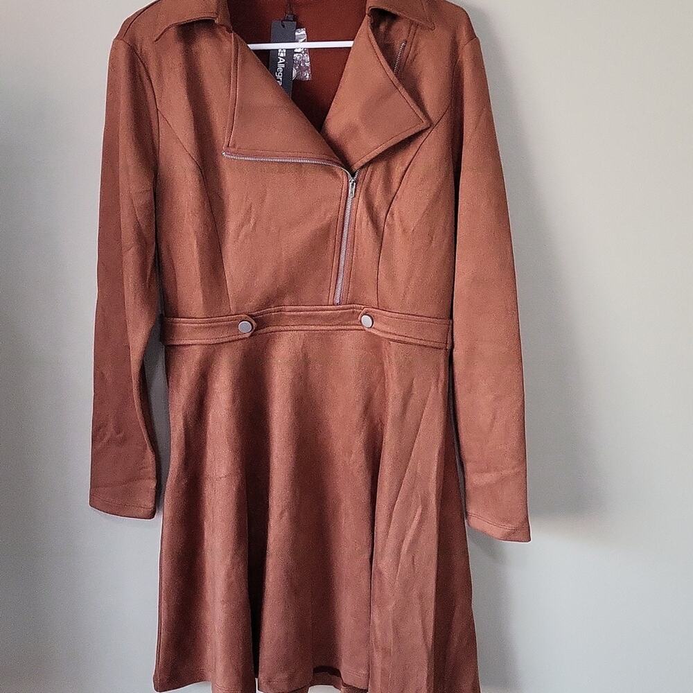 Allegra K Dress Size Medium Moto Zip Faux Brown Suede Faux Belt Skater Western